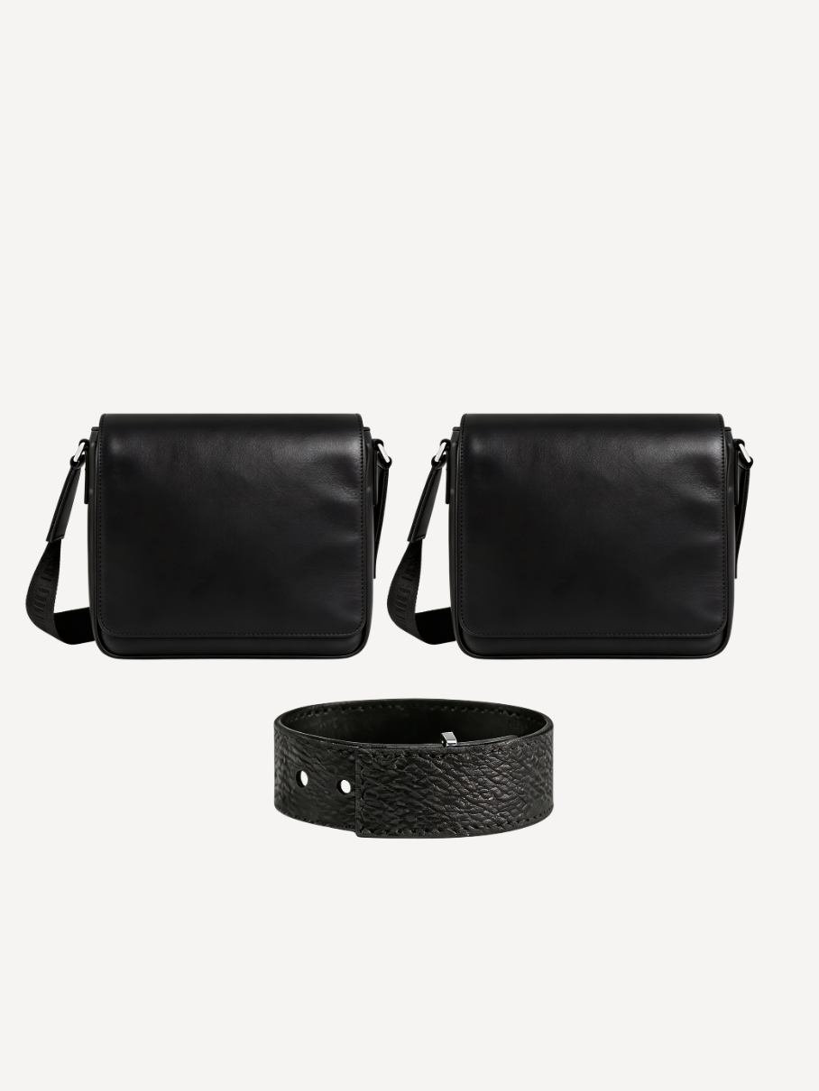 Black Leather Messenger & Black Leather Bracelet + Any Bag Of Your Choice