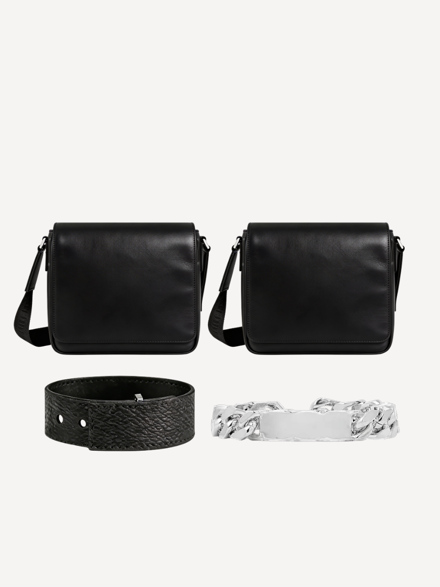 Black Leather Messenger & Black Leather Bracelet & Silver Bracelet + Any Bag Of Your Choice