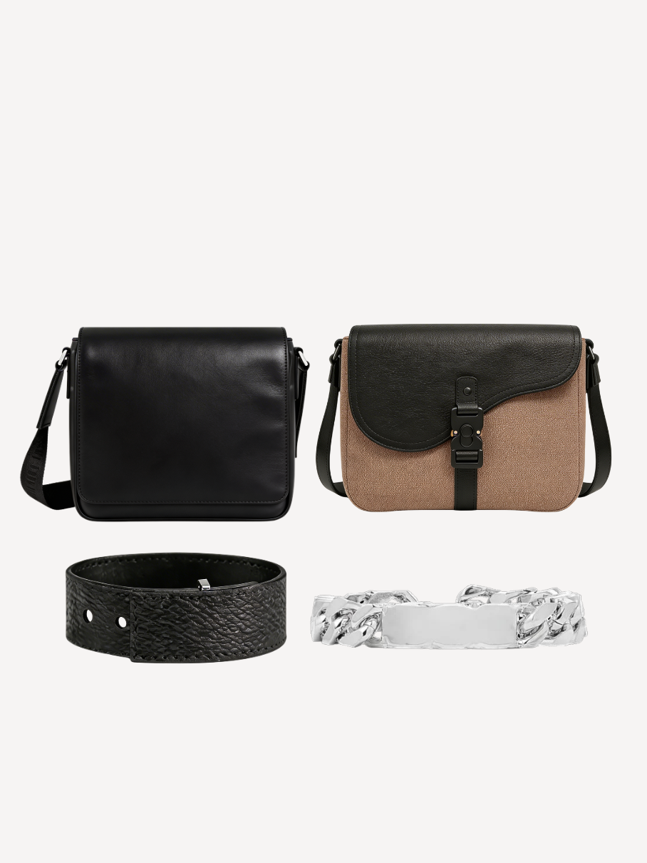 Black Leather Messenger & Black Leather Bracelet & Silver Bracelet + Any Bag Of Your Choice