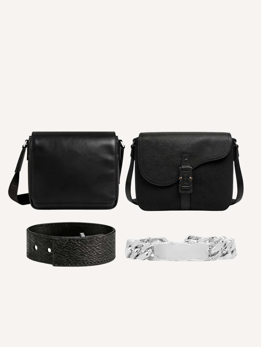 Black Leather Messenger & Black Leather Bracelet & Silver Bracelet + Any Bag Of Your Choice