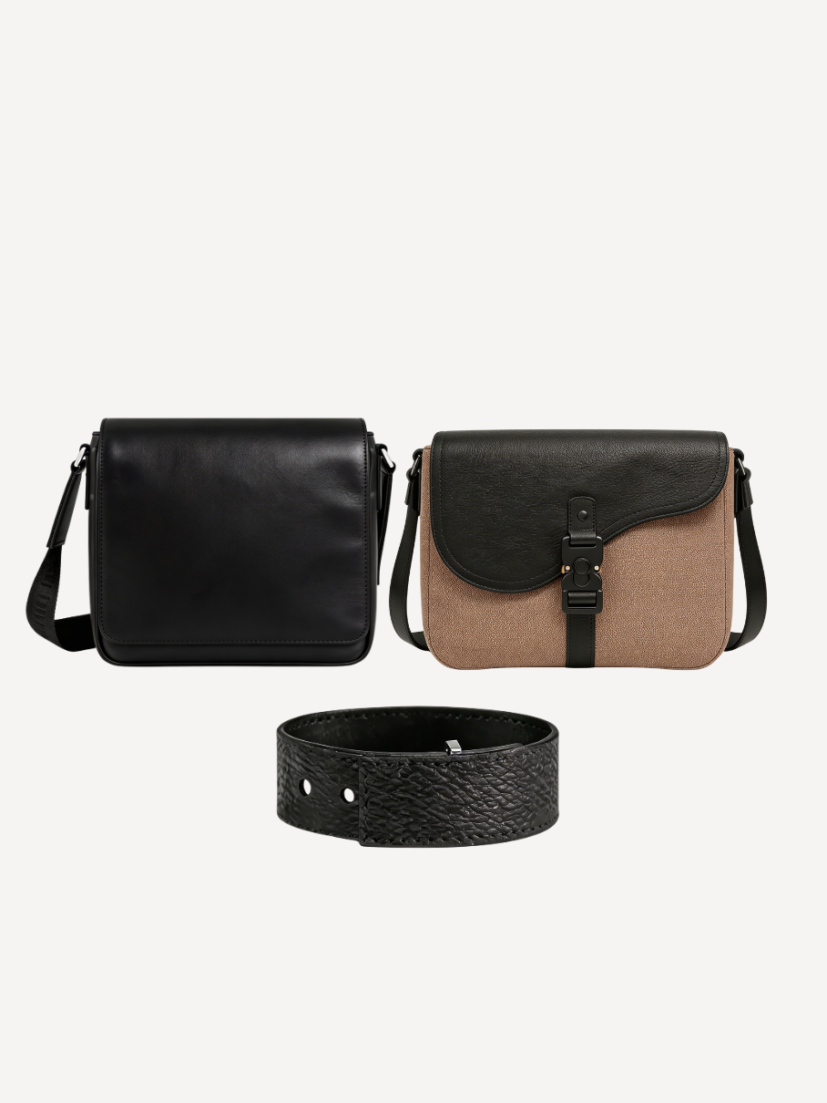 Black Leather Messenger & Black Leather Bracelet + Any Bag Of Your Choice
