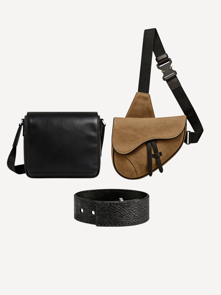 Black Leather Messenger & Black Leather Bracelet + Any Bag Of Your Choice